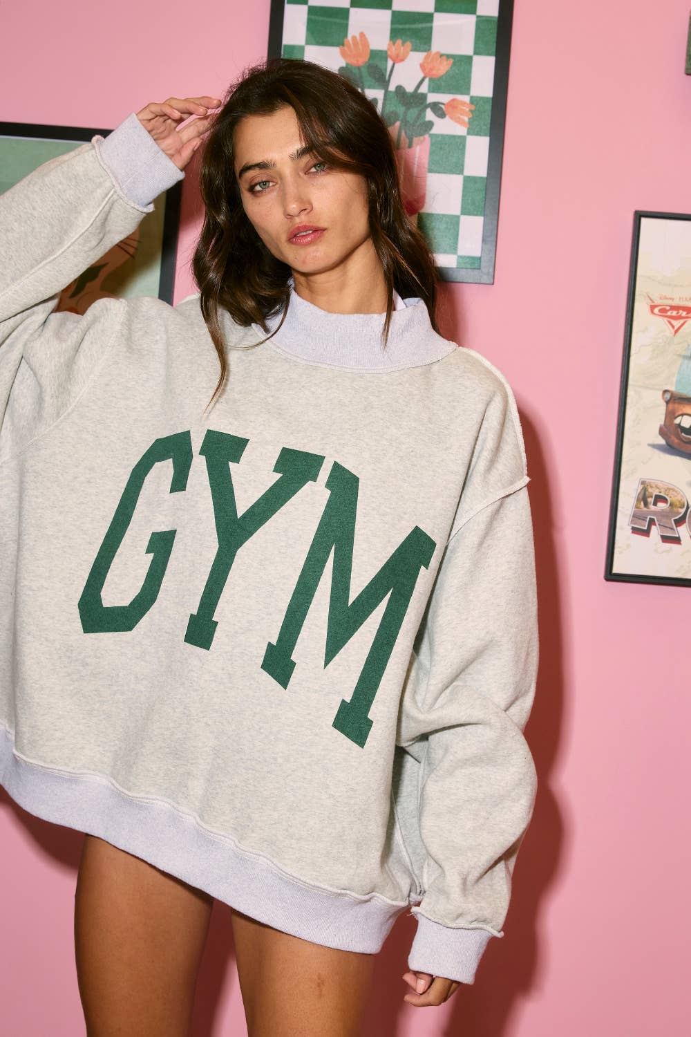 'GYM & BED' Print Reversible Mockneck Sweatshirt