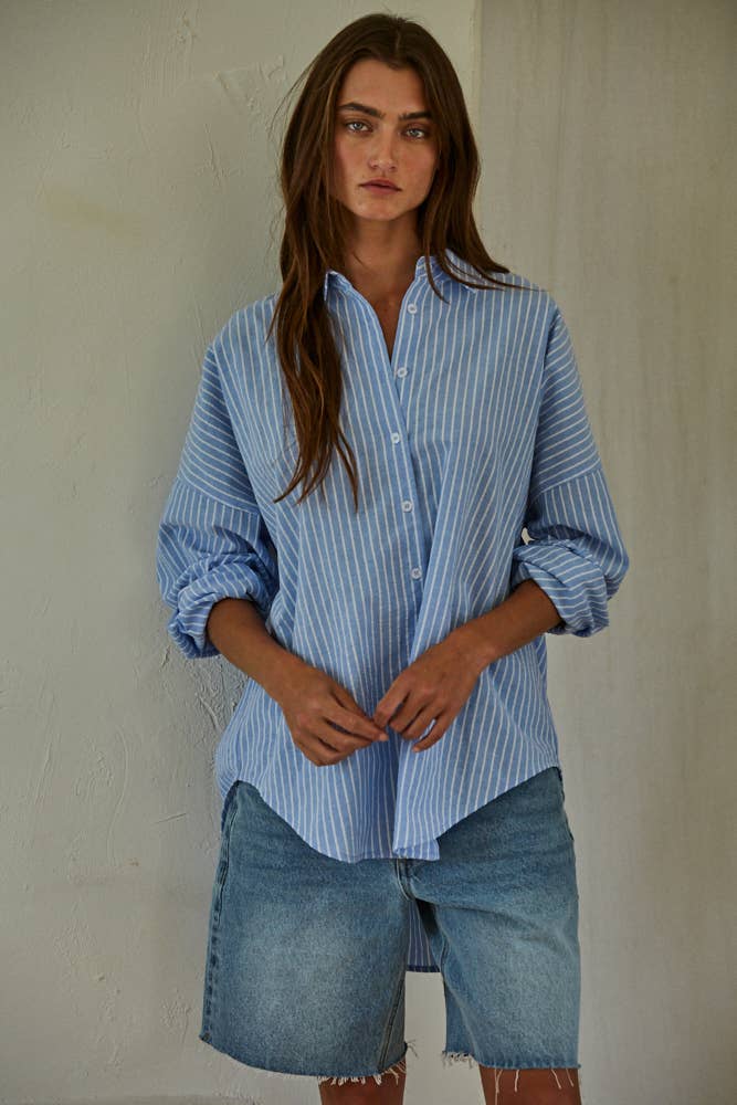 Woven Cotton Polyester Striped Button Down Shirt