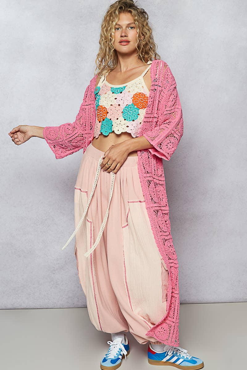 Long Sleeve Crochet Open Long Cardigan