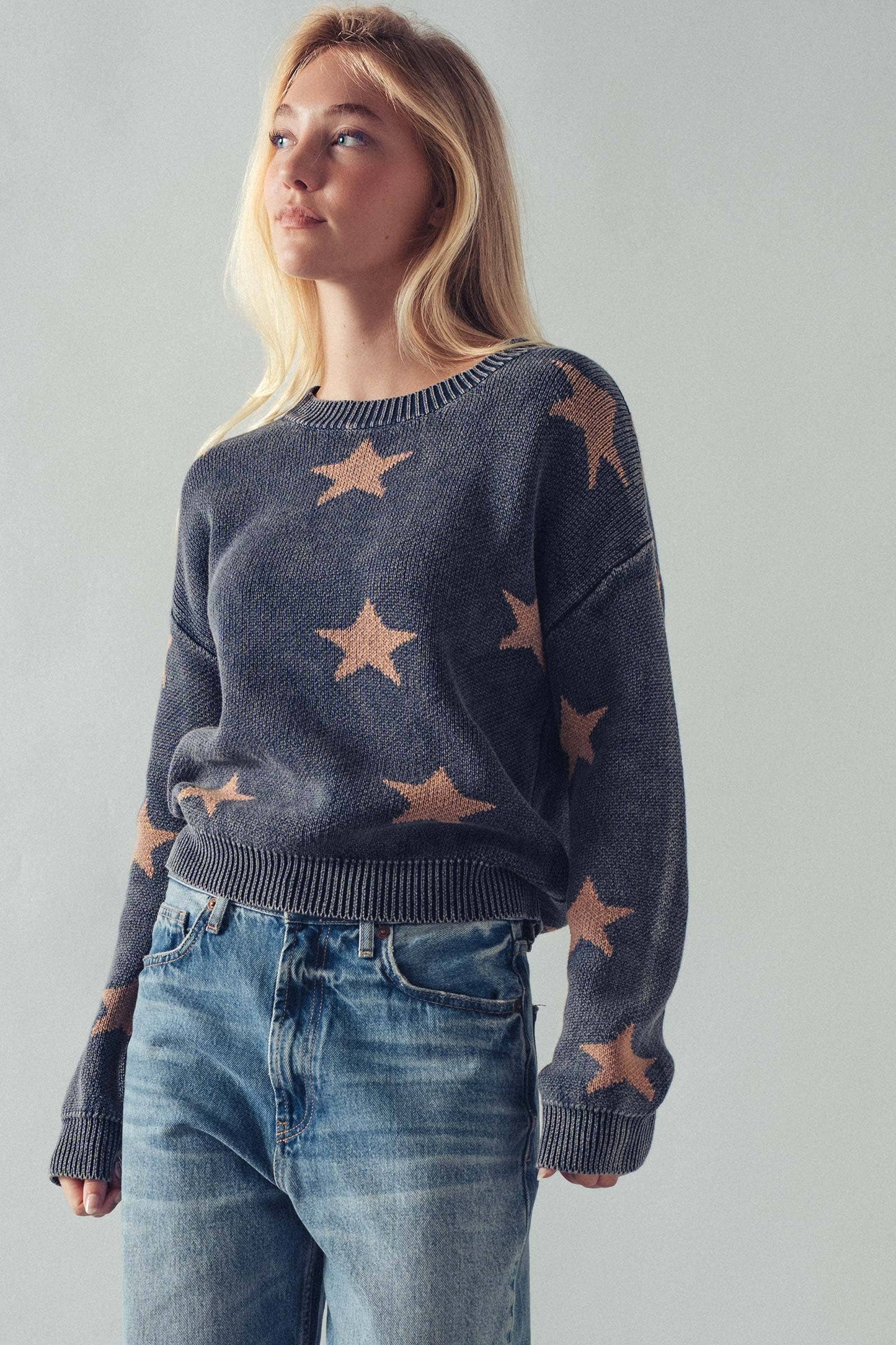 Mineral-Wash Star Motif Knit Sweater