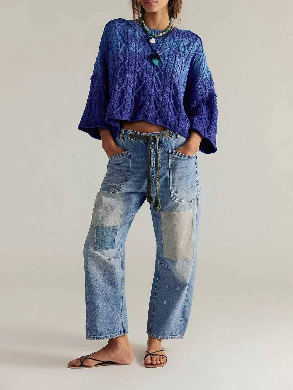 Braided Drawstring Patchwork Barrel Jeans