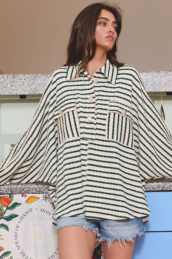 Collared Oversized Button Up Stripe Pullover Top