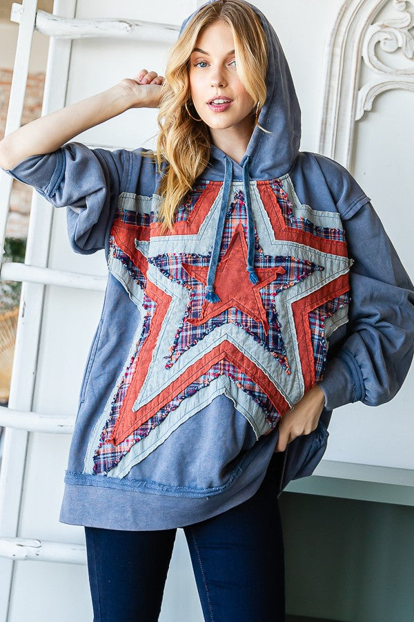 Washed Star Patched Hoodie - Blue