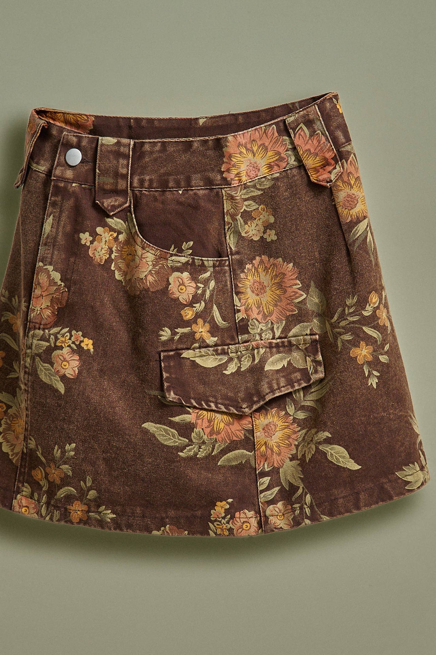 Vintage Floral Cotton Denim Cargo Mini Skirt