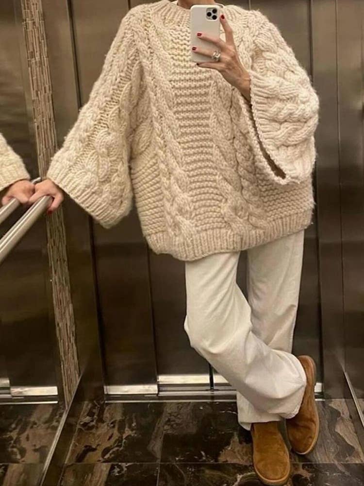 Slouchy Cable Knit Flare Sleeve Chunky Sweater Jumper