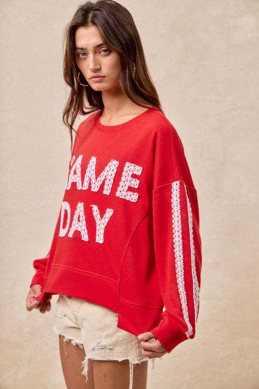 Gameday Theme Lace Patchwork Top with Uneven Hem