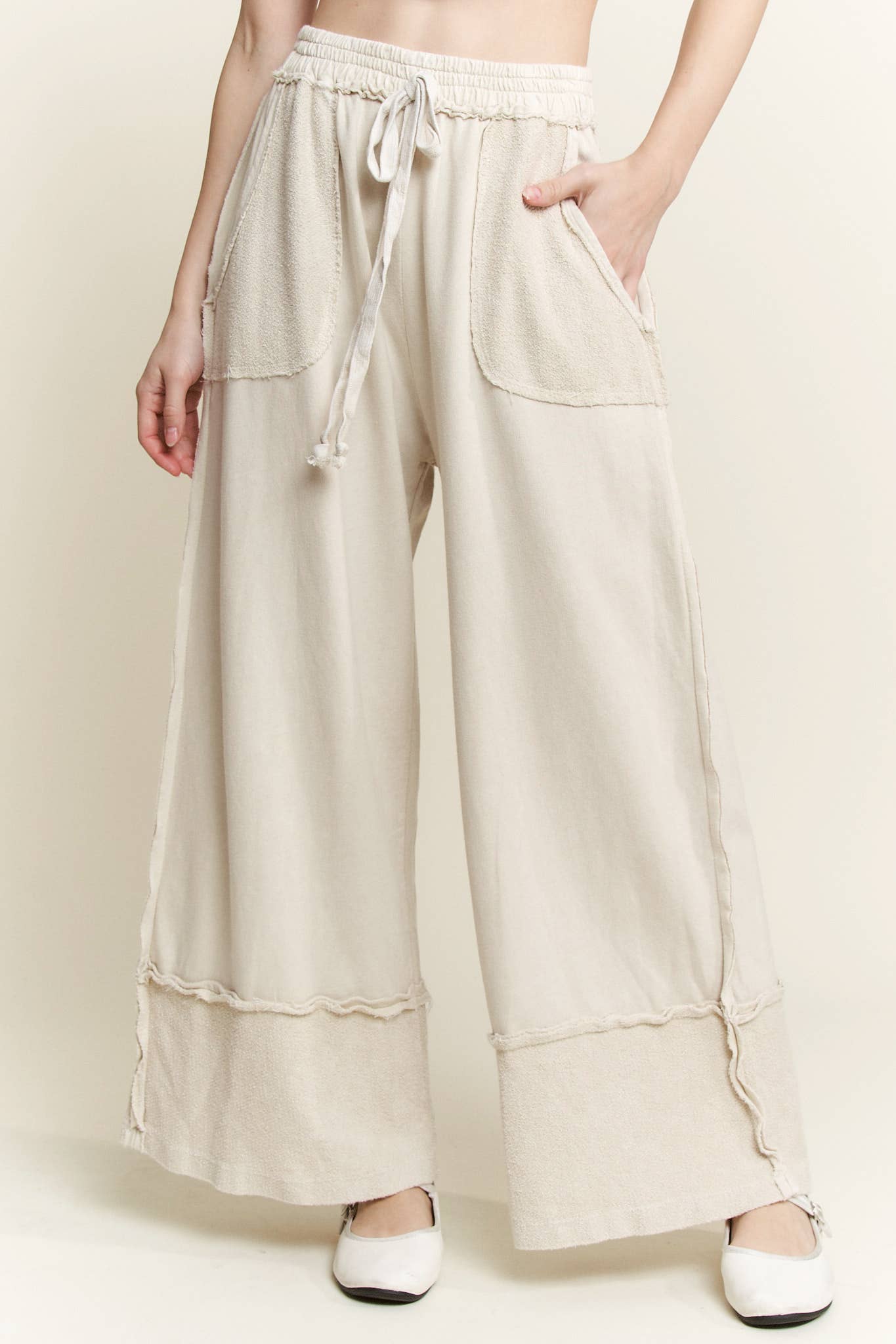 Mineral Wash Wide Pants with Raw Hem - Midnight Green