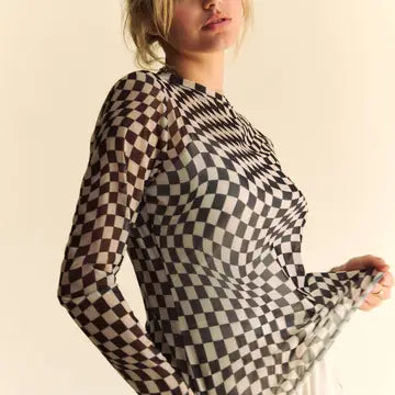 Curvy Girl Checker Board Mesh Layering Top - Black