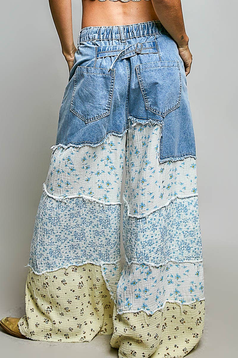 Varied Asymmetrical Patchwork Buckle Back Pants