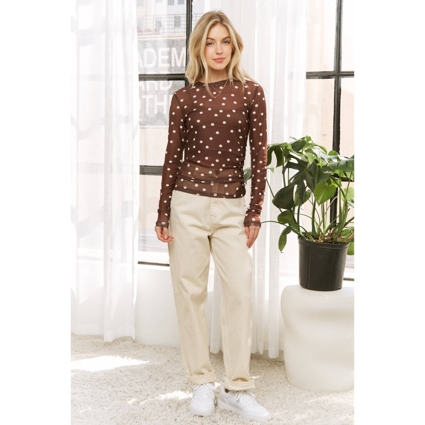 POLKA DOT MESH PRINT SLIM FIT LONG SLEEVES TOP