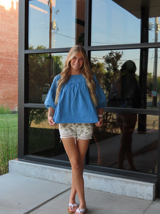 Blue Denim Solid Short Sleeve Top