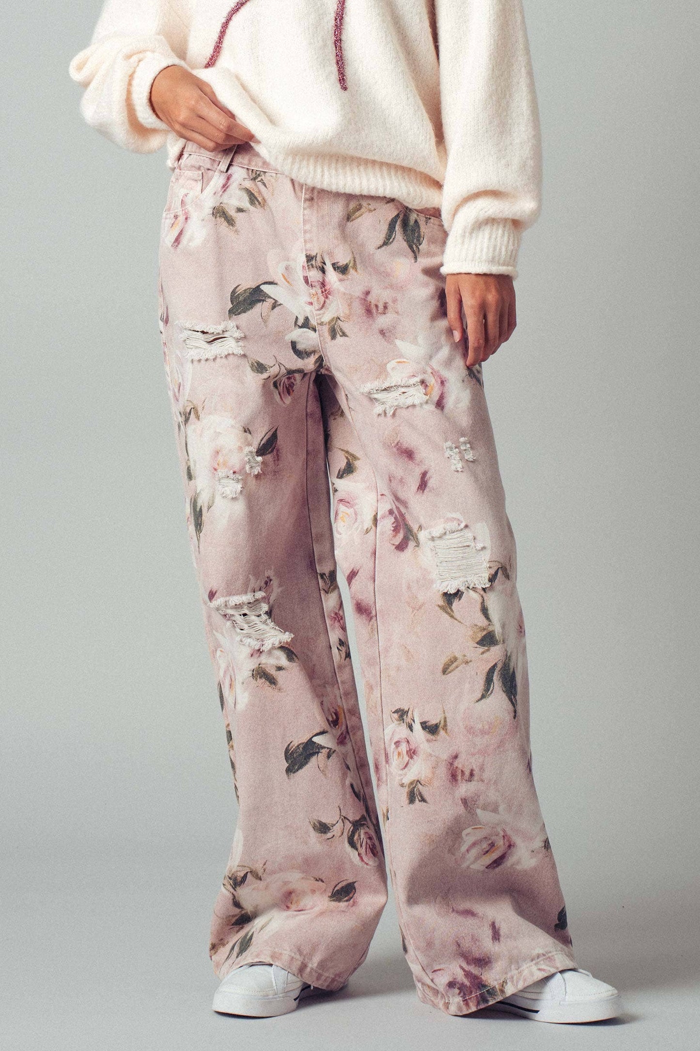 Romantic Rose Print High-Rise Denim Pants