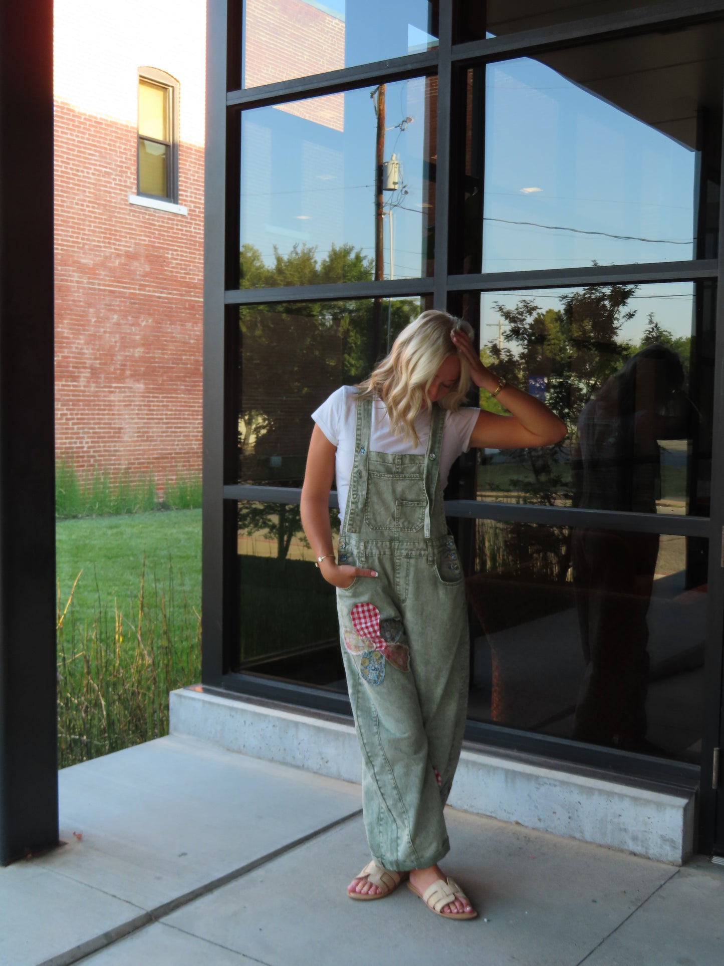 Washed Olive Flower Patch Denim Overalls
