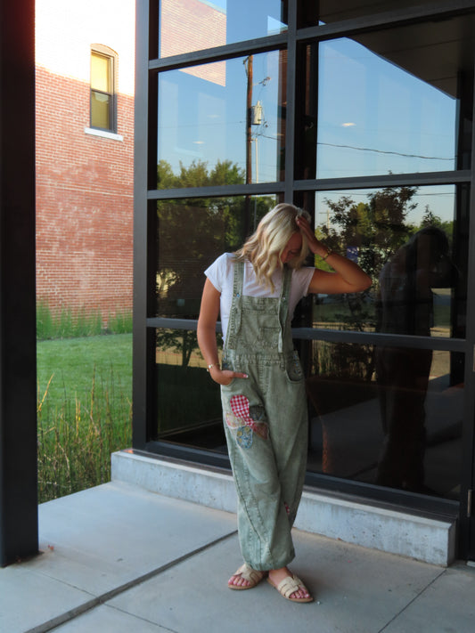 Washed Olive Flower Patch Denim Overalls