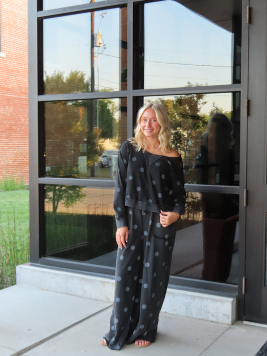 Boho Vintage Black Polka Dot Knit Loose Pants