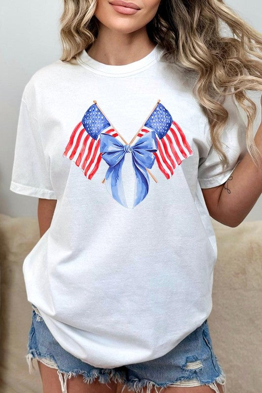 USA Flags And Bow Graphic Dyed Tee