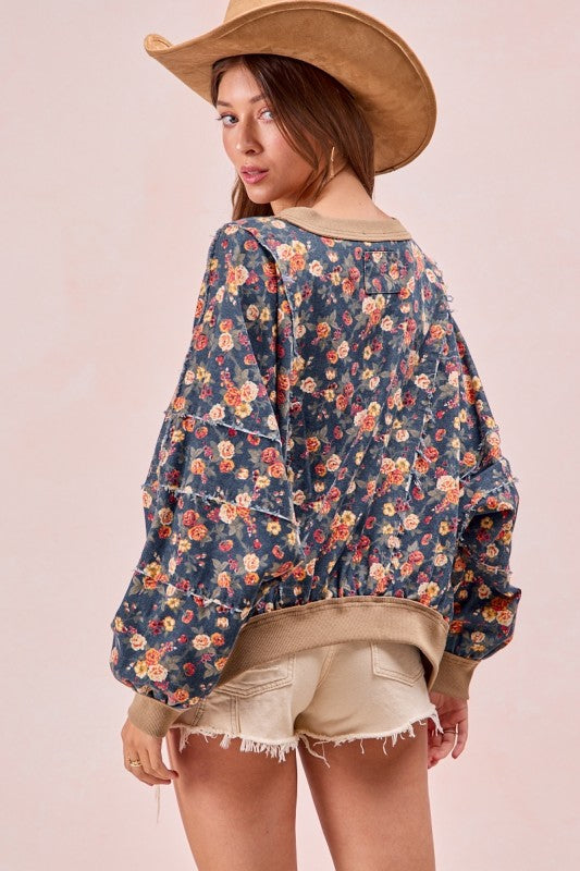 Washed Floral Frayed Round Neck Top