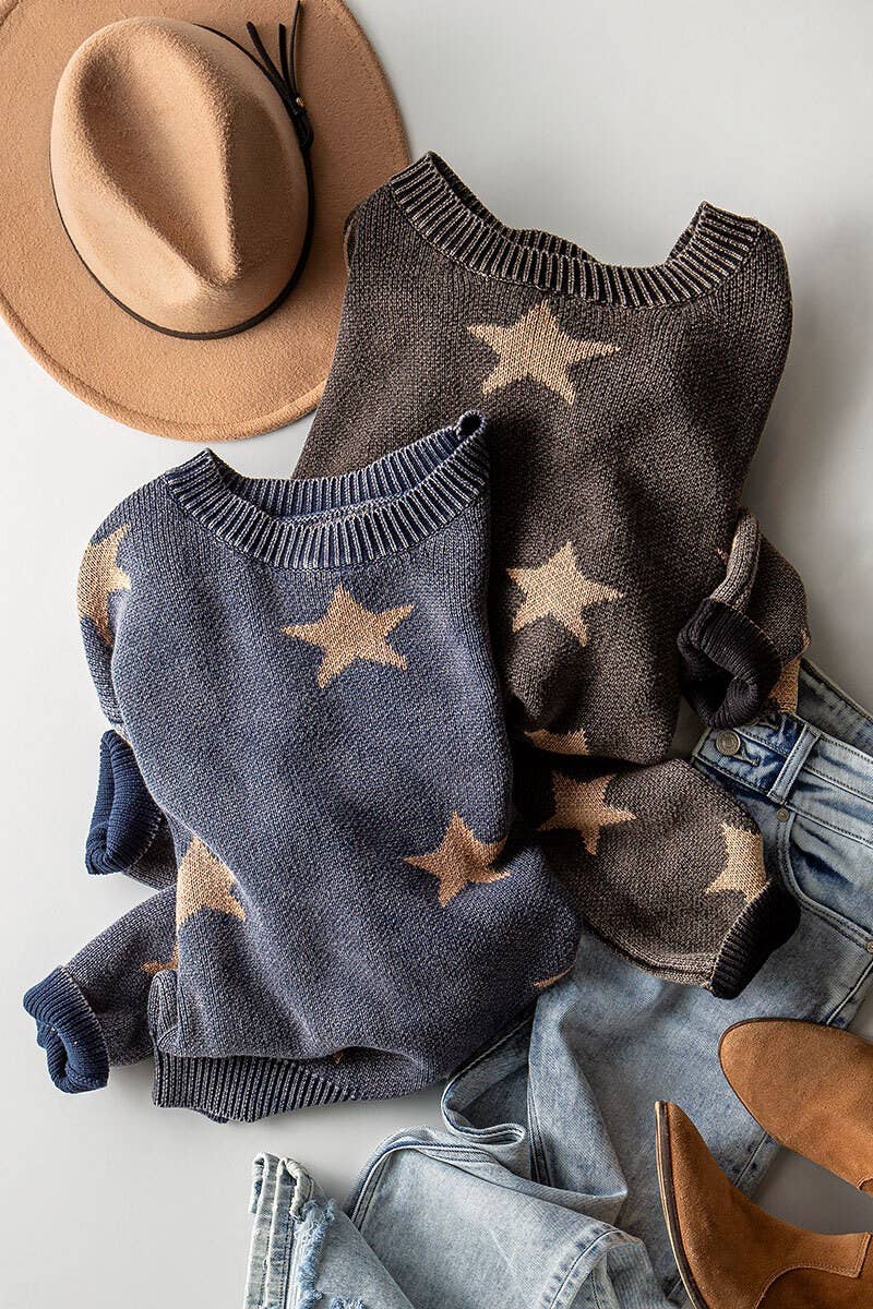 Mineral-Wash Star Motif Knit Sweater