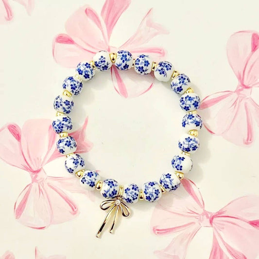 Bow Charm Floral Porcelain Bracelet