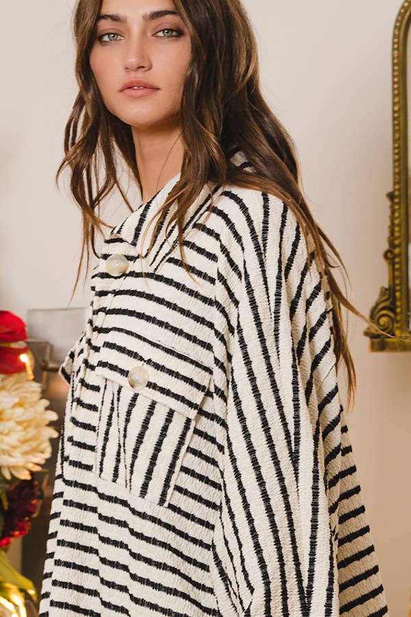 Collared Oversized Button Up Stripe Pullover Top