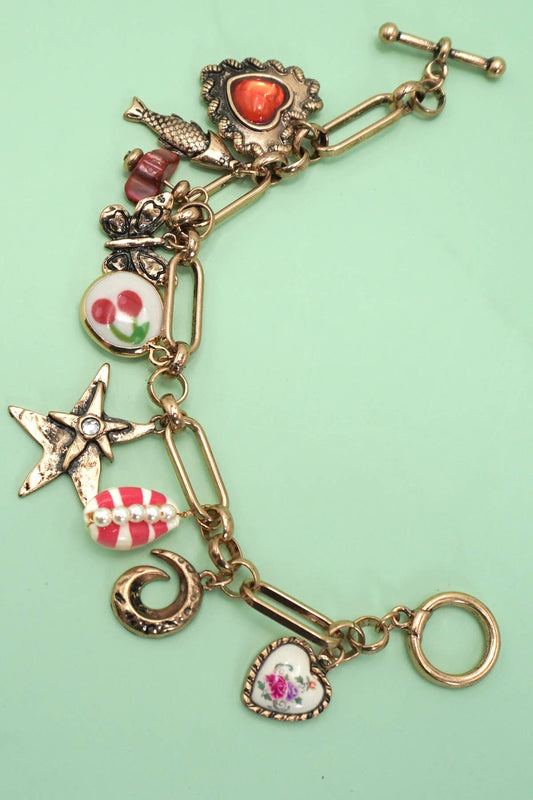 Charm Bracelet Porcelain Cherry Fish Heart