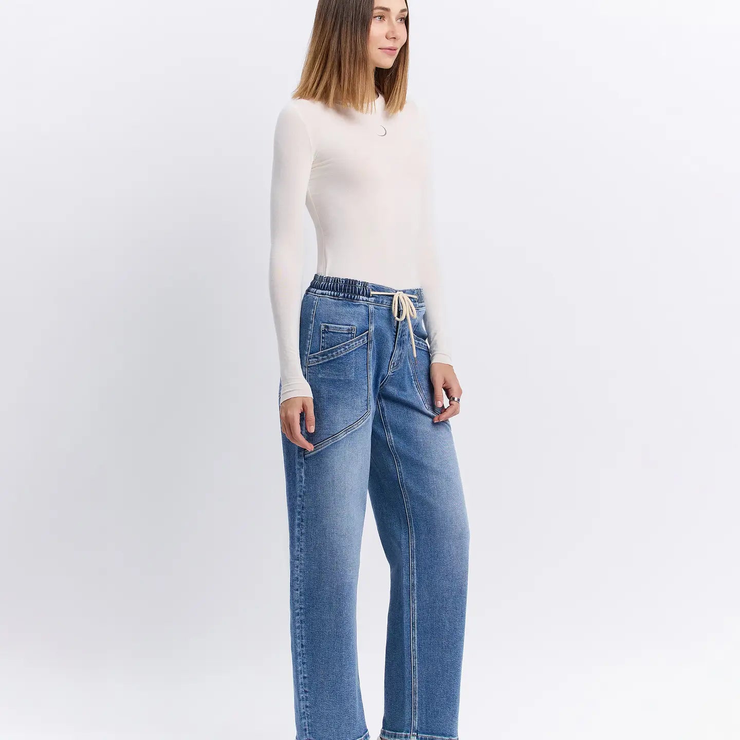 High Rise Elastic Waistband Wide Barrel Jeans
