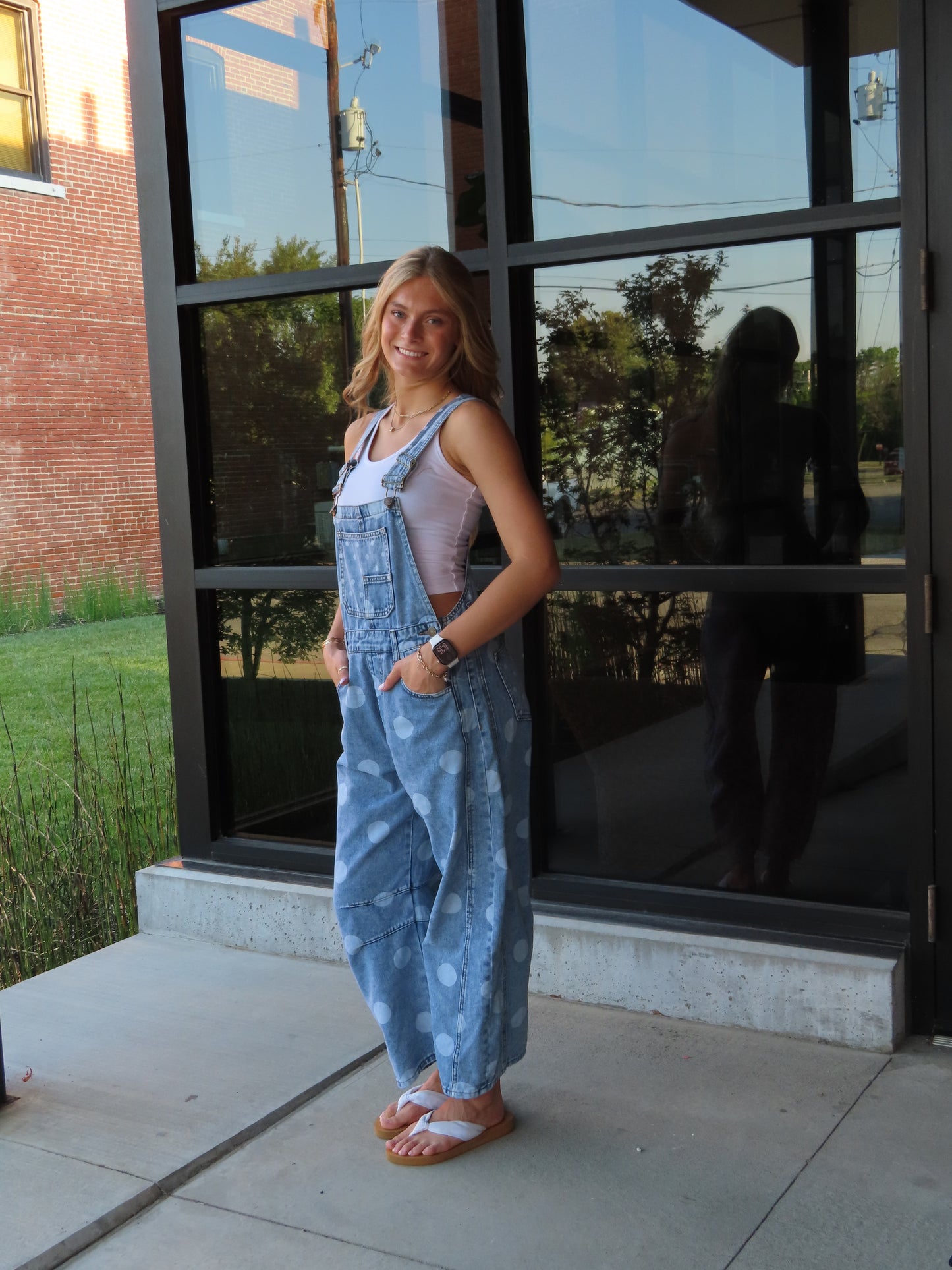 Polka Dot Denim Barrel Leg Overalls