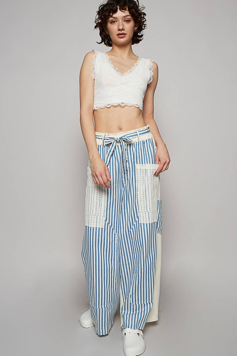 Striped Front Mesh Pockets Woven Pants