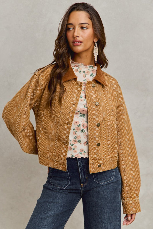 Floral Pattern Twill Corduroy Collar Denim Jacket