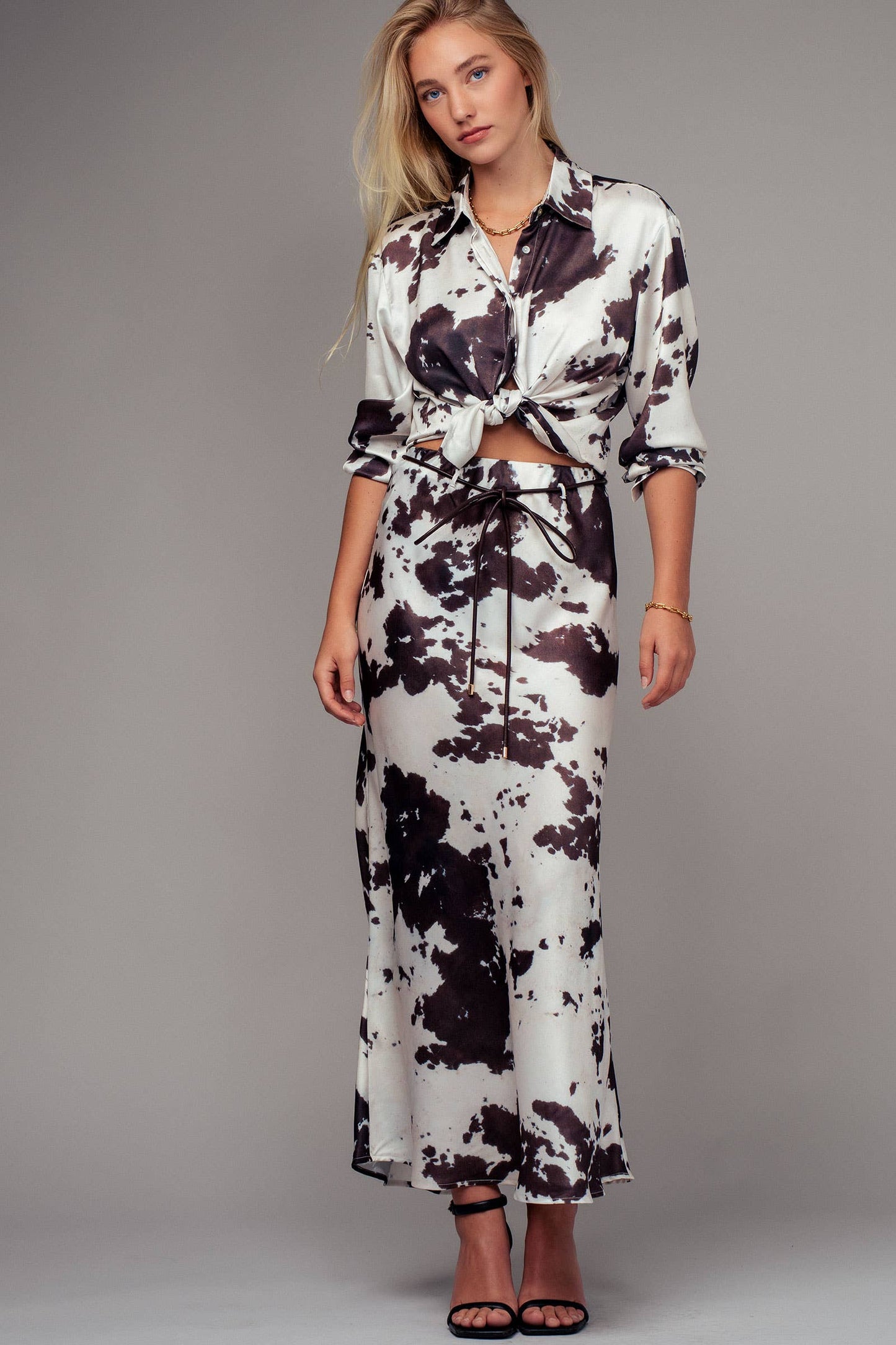 Cowhide Print Satin Drawstring Midi Skirt