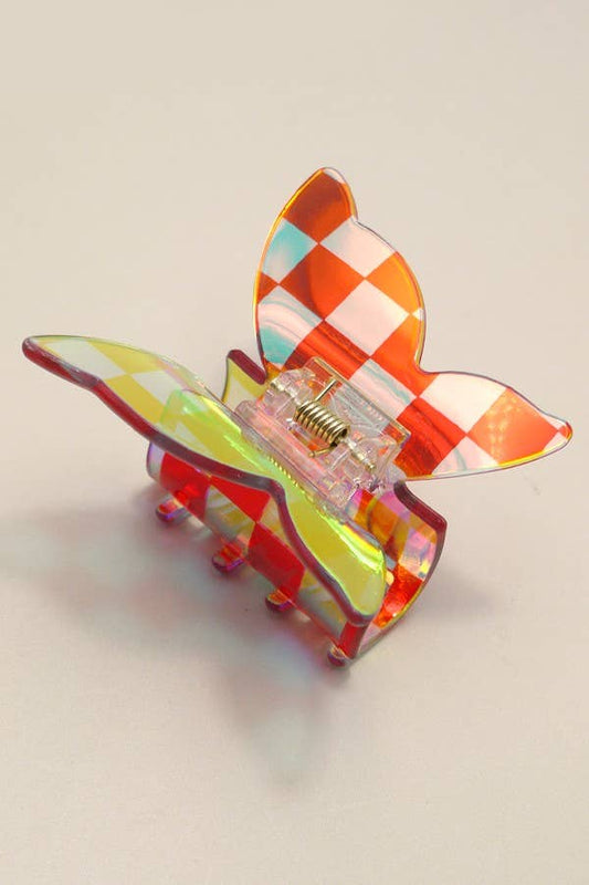 Checker Butterfly Holographic Hair Claw Clips