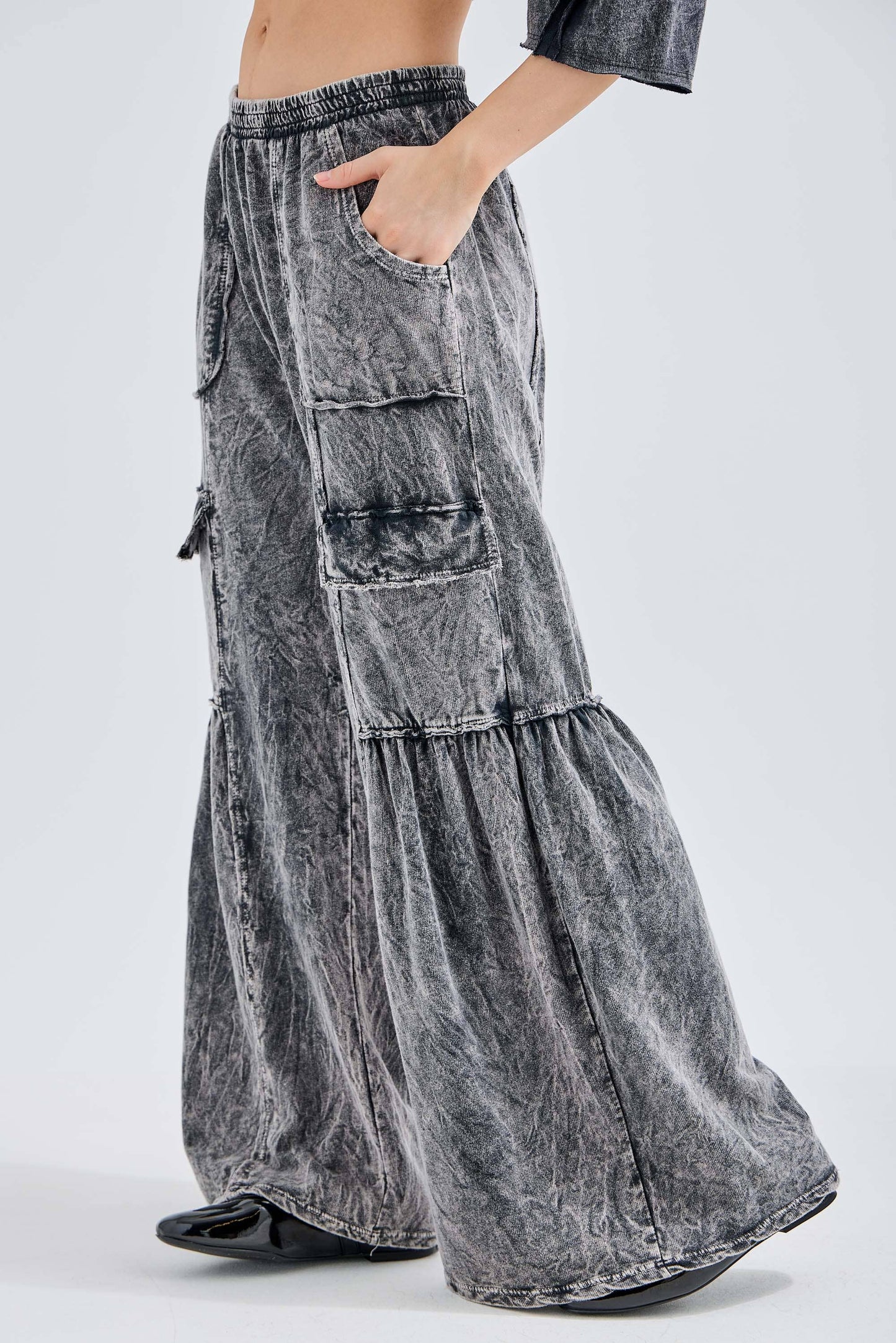 Mineral Washed Ruffle Cargo Flare Pants