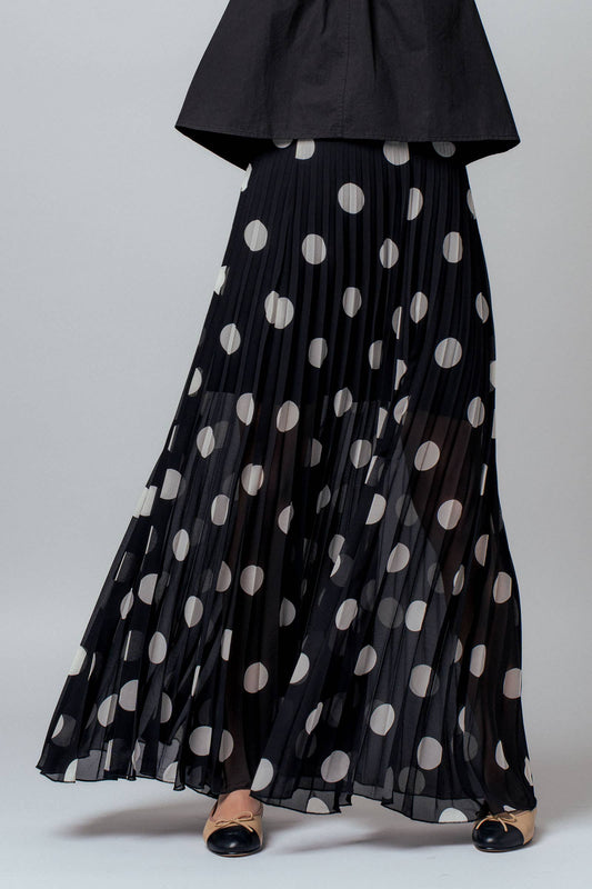 Polka Dot Pleated Chiffon Maxi Skirt