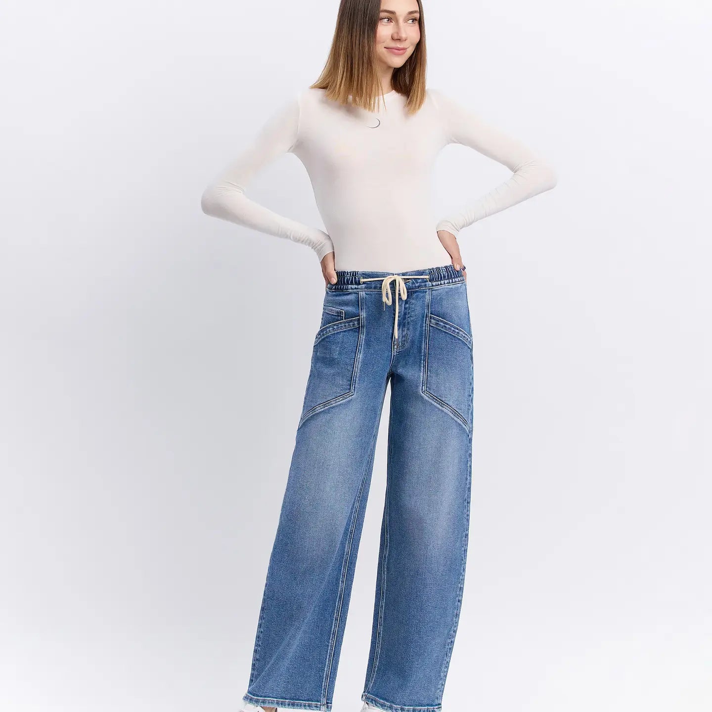 High Rise Elastic Waistband Wide Barrel Jeans