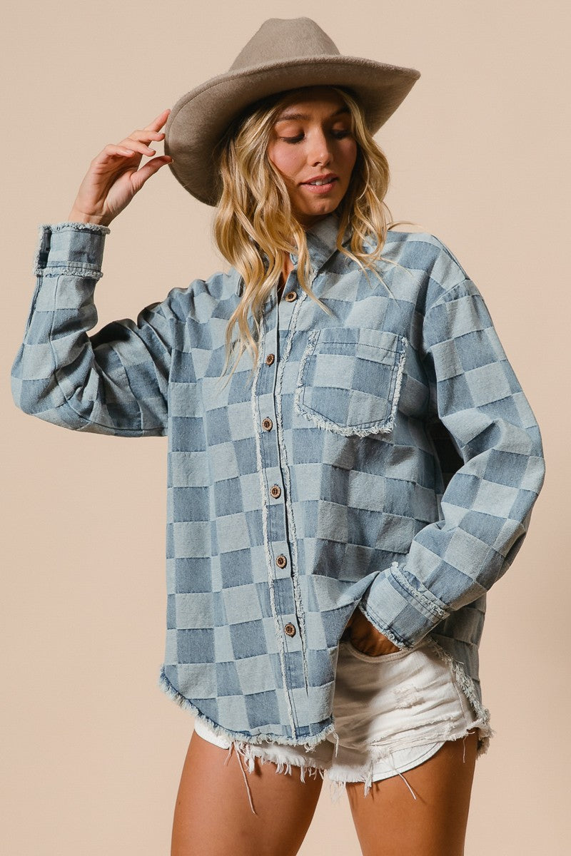 Frayed Edged Detail Washed Checker Denim Shirt