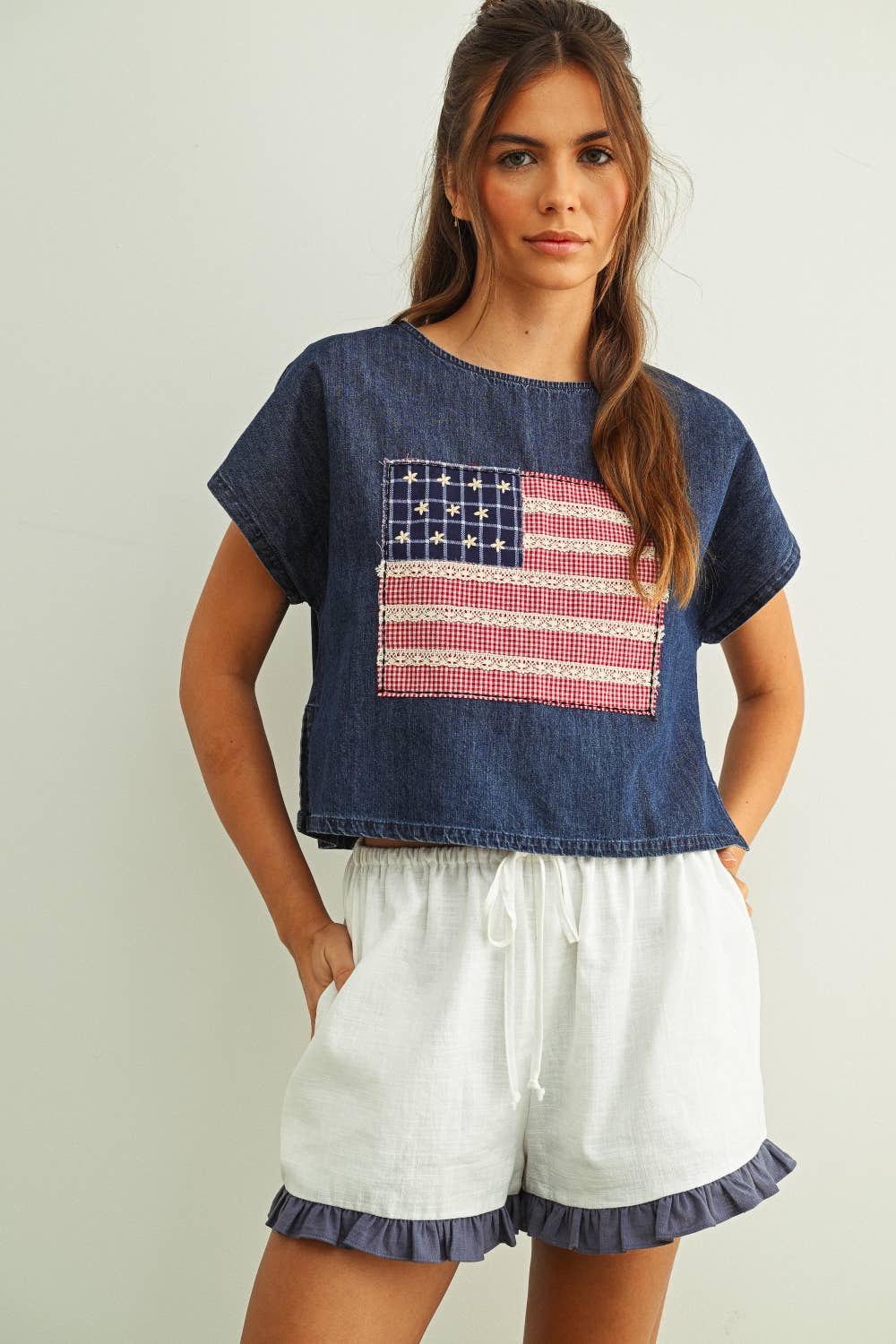 MIxed Fabric Flag Patched Dolman Sleeve Top
