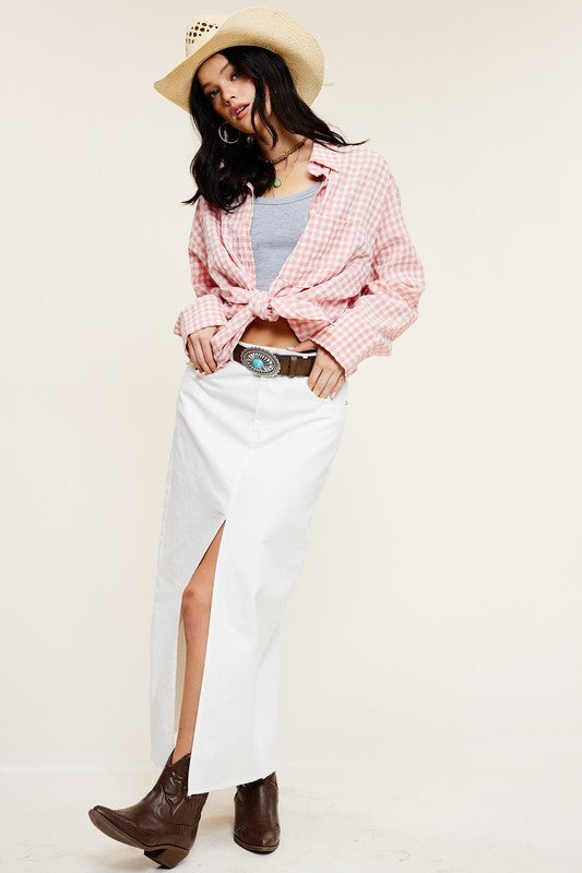 Gingham Print Oversized Button Down Shirt - Pink