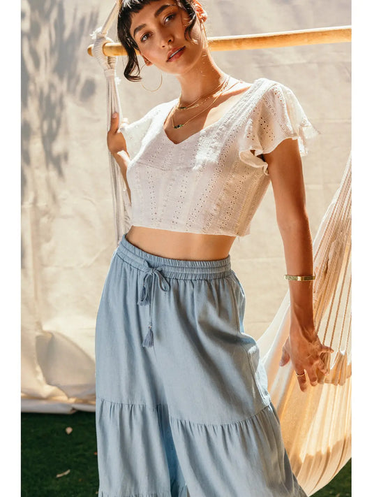 Drawstring Waist Chambray Tiered Wide Pants - Light Blue