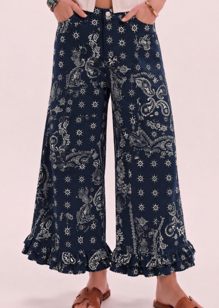 Ruffled Washed Paisley Wide Leg Denim