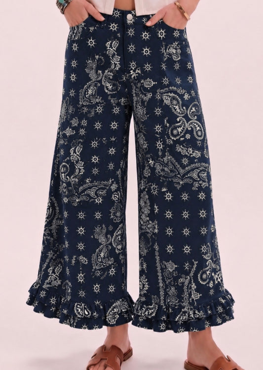Ruffled Washed Paisley Wide Leg Denim