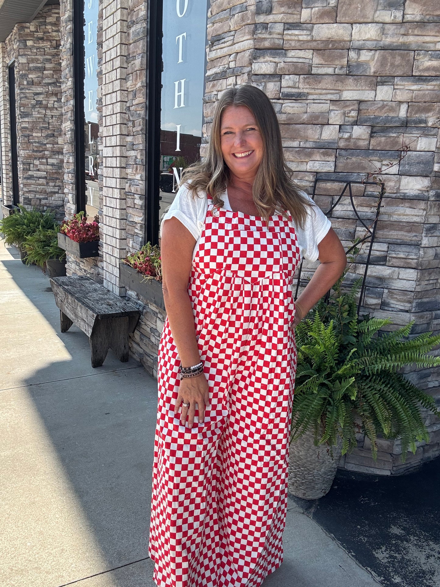 Gameday Theme Plaid Printed Overall With Pleats - Red