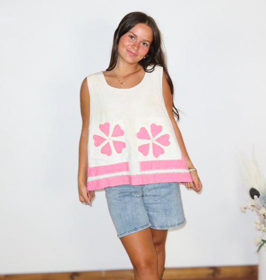 Vintage Pink Heart Flower Sleeveless Top