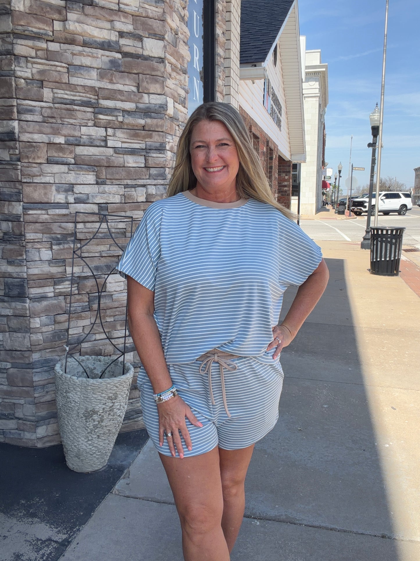 Loose Fit Striped Knit Top & Shorts Casual Set (Sold Separately) - Denim Blue/Taupe