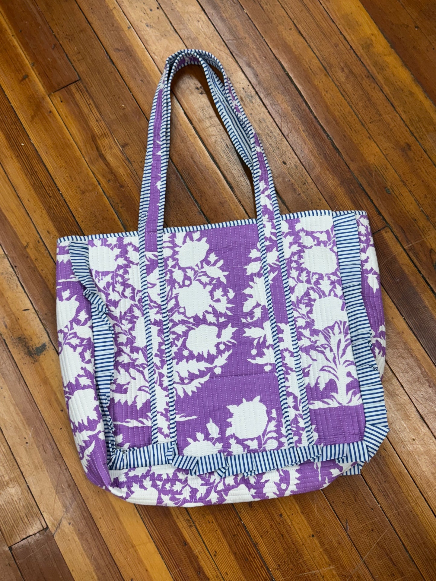 Purple Floral Design with Blue Stripe Trim Tote Bag