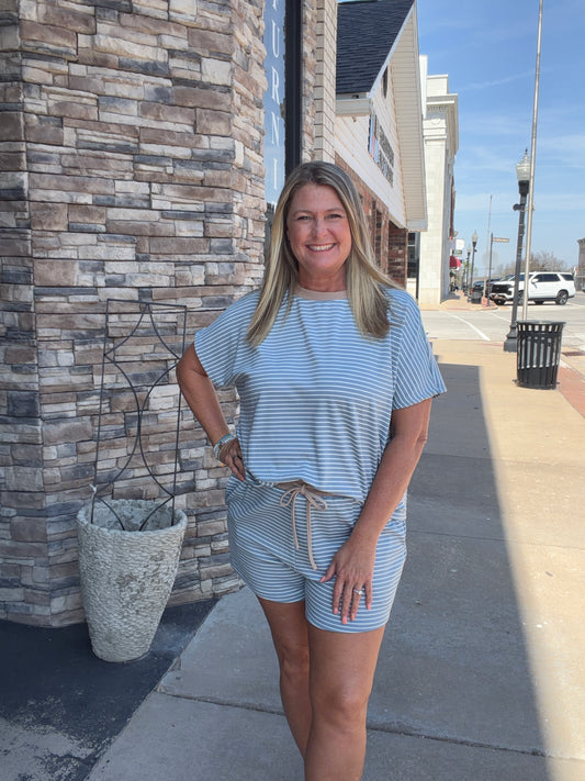 Loose Fit Striped Knit Top & Shorts Casual Set (Sold Separately) - Denim Blue/Taupe