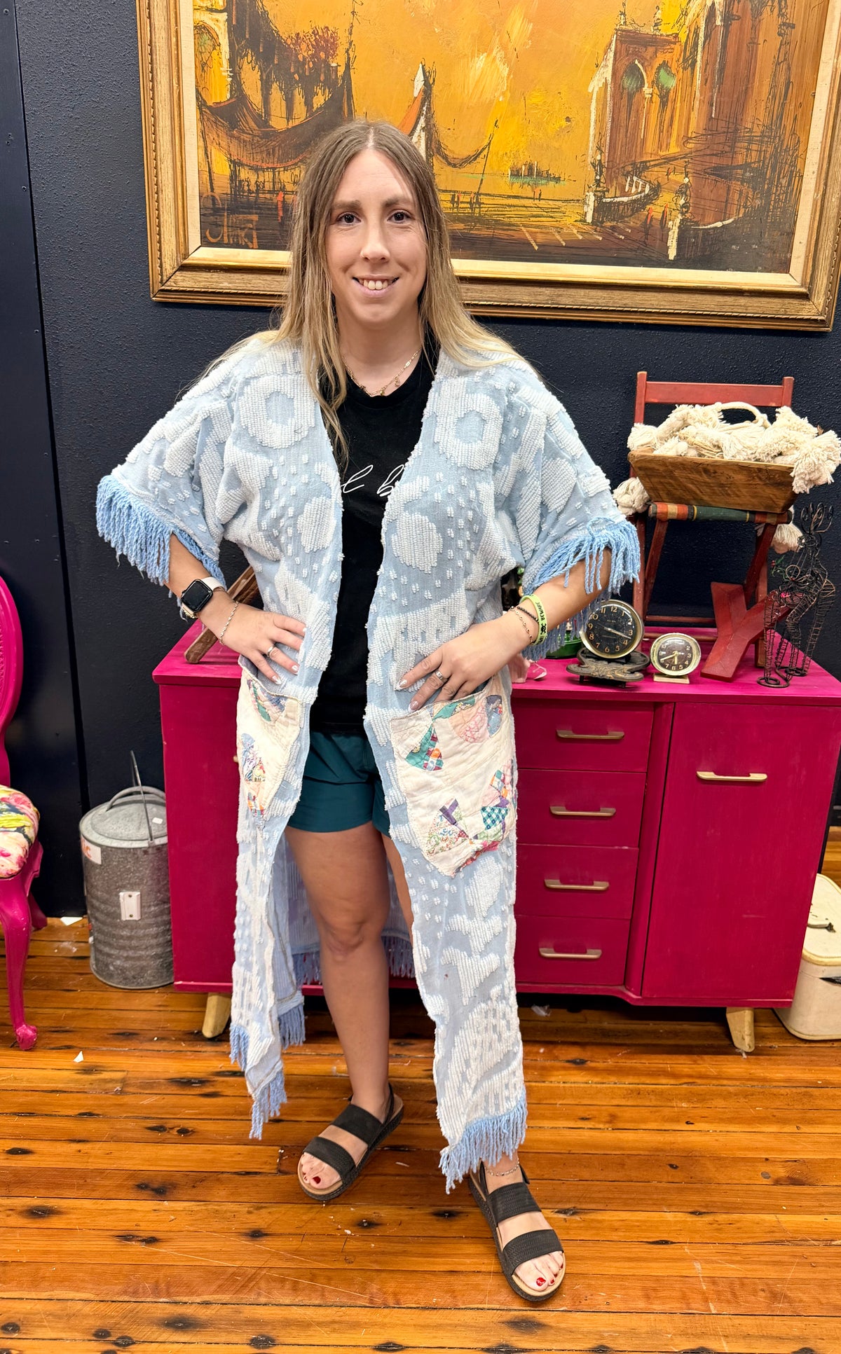 Blue Textured Patchwork Duster