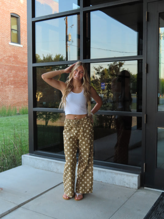 Relaxed Wide Leg Soft Polka Dot Drawstring Pants