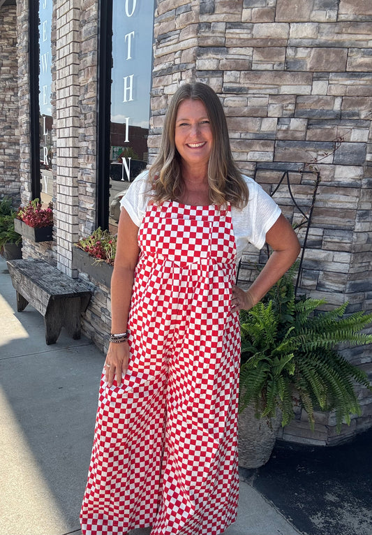 Gameday Theme Plaid Printed Overall With Pleats - Red