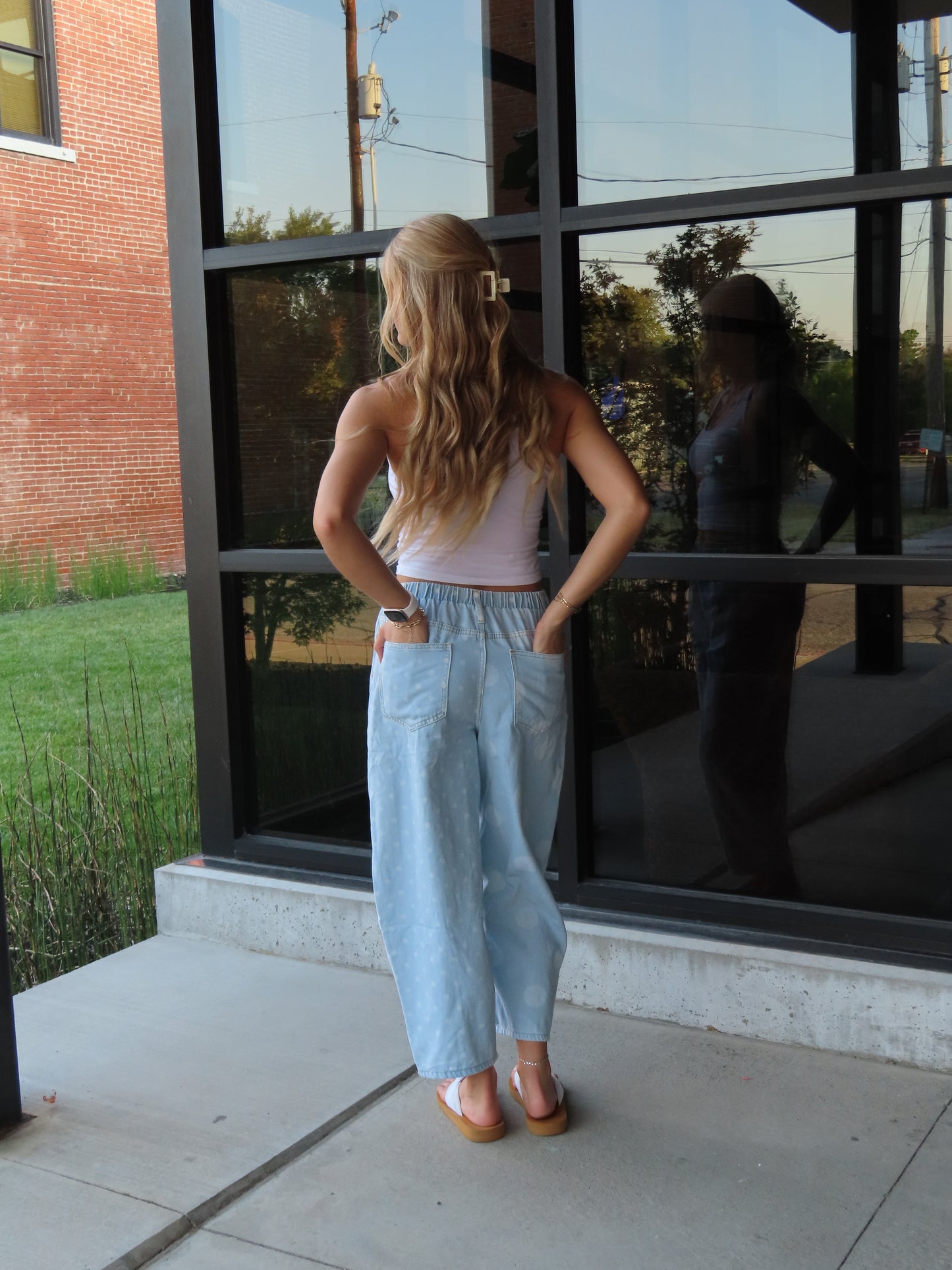 Denim Polka Dot Cropped Elastic Waist Jeans