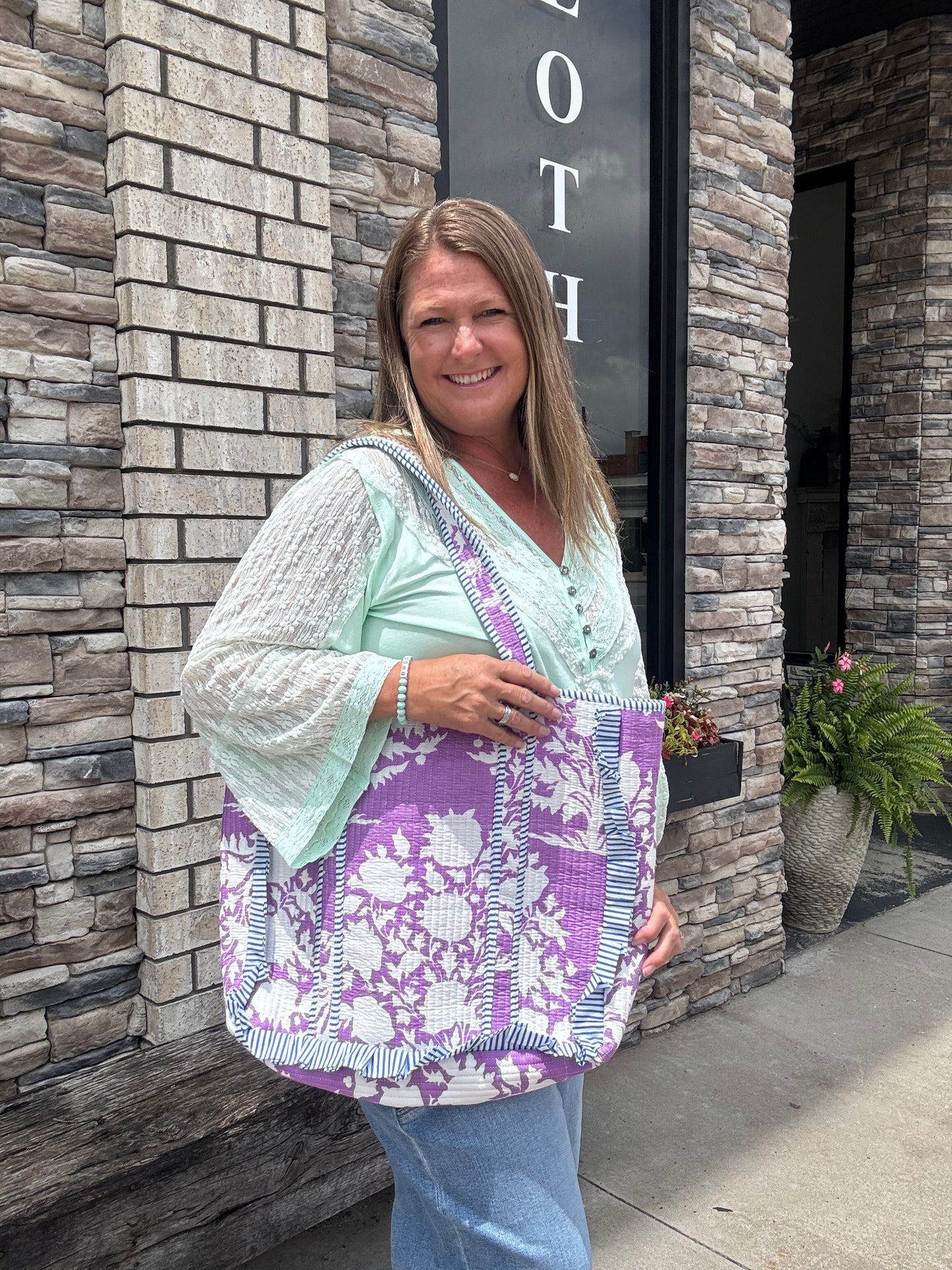Purple Floral Design with Blue Stripe Trim Tote Bag